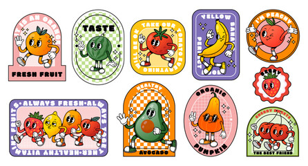 Cartoon fruit and vegetable sticker. Comic retro fruits vegetables character, fruit faces. Trendy supermarket vintage promo label, market healthy food. Vector set