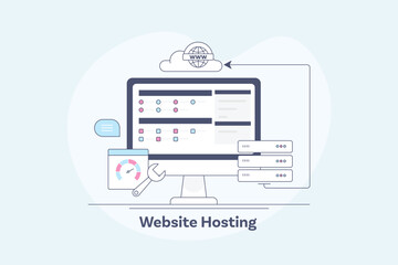 Wall Mural - cloud web hosting with admin panel access, server connection, high speed website loading optimizatio
