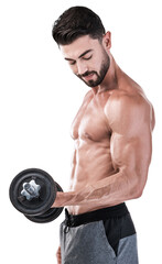 Fitness, man and weights for workout with bicep in png, isolated, transparent background is healthy. Muscles, training and strong torso with guy or dumbbell for power or flexing arm for body builder.