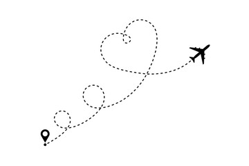 Love airplane route. Plane with heart shape dashed track, romantic wedding trip map decoration. Romance journey vector concept with flying aircraft