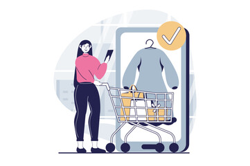 Poster - Mobile commerce concept with people scene in flat design for web. Woman with supermarket cart choosing clothes in online store app. Vector illustration for social media banner, marketing material.