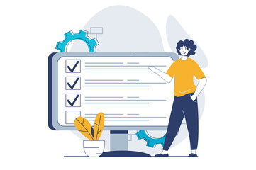 Fototapete - Online survey concept with people scene in flat design for web. Man choosing right answers for filling online quiz at computer screen. Vector illustration for social media banner, marketing material.