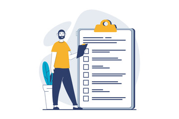 Fototapete - Online survey concept with people scene in flat design for web. Man answering questions in checklist, voting in quiz, filing form. Vector illustration for social media banner, marketing material.