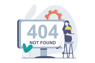 Poster - Page not found concept with people scene in flat design for web. Woman sees message of website connection problems on computer screen. Vector illustration for social media banner, marketing material.