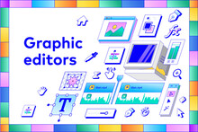 Graphic And Motion UX UI Designer Toolbars In Retro Colorful Style.  Vector Illustration