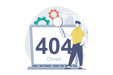 Poster - Page not found concept with people scene in flat design for web. Man researching disconnect problem and error message on laptop screen. Vector illustration for social media banner, marketing material.