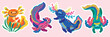 Stickers of cute cartoon axolotls, amphibian creatures