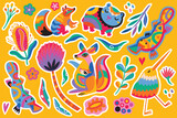 Fototapeta  - Big sticker set. Abstract Australian animals, flowers and leaves. Vector illustration