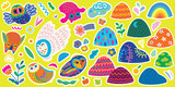 Fototapeta  - Big sticker set with decorative owls, leaves and hills. Vector illustration