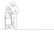 Continuous line art or One Line Drawing of a man is helping senior woman picture vector illustration