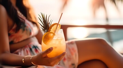 Beautiful African American female hand holding Mai Tai Cocktail in glass garnished with mint on beach resort, woman sitting, drinking, bar background, bokeh, summer, bright sunlight, AI Generated.