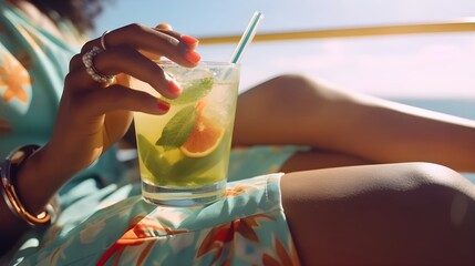 Wall Mural - Beautiful African American female hand holding Mojito Cocktail in glass garnished with mint on beach resort, woman sitting, drinking, bar background, bokeh, summer, bright sunlight, AI Generated.