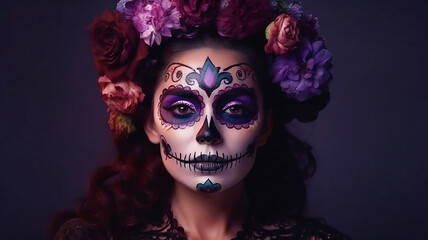 Wall Mural - Portrait of a woman with sugar skull makeup over red background, Halloween costume and make-up , generative ai tools