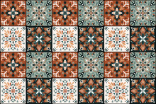 Seamless Colorful Patchwork In Turkish Style. Brown And Green Colors. Azulejos Tiles Patchwork. Portuguese And Spain Decor. Islam, Arabic, Indian, Ottoman Motif. 