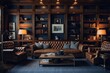 © RocknRoller Studios - Stylish Interior Design Background. Mid Century Library. Generative AI.