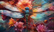  A Painting Of A Dragonfly On A Flowery Background.  Generative Ai