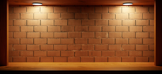 Wall Mural - Wooden shelf on dark brick wall with light background. 3D Rendering