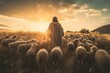 A bible jesus shepherd with his flock of sheep during sunset. Generative AI