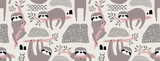 Seamless vector pattern with sleepy sloths hanging on leafy branches