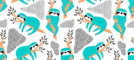 Seamless pattern of sleepy sloths in the night. Hand-drawn illustration of sloth for kids, tropical summer, nursery, textile, texture, print, cover, wallpaper, fabric. Transparent background