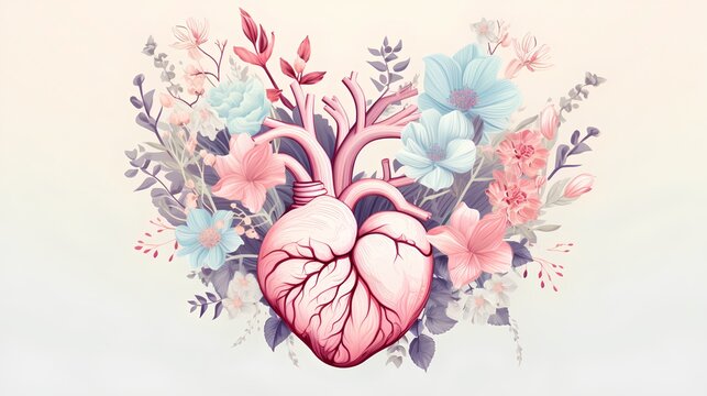 An artistic illustration of heart anatomy, beautifully integrated with floral elements, marries the wonders of the human body with the elegance of nature. Generative AI