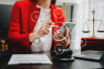 Wall Mural - Copyright or patent concept, Person hand using laptop computer, tablet and smartphone with virtual screen copyright icon trademark, Creation ownership against piracy. at office..