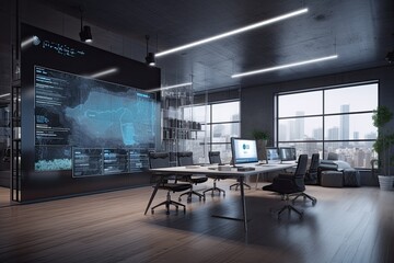 professional and futuristic meeting room with a large video screen