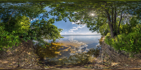 Wall Mural - seamless spherical hdri 360 panorama on coast among bushes of huge lake or river with frame of trees in sunny summer day with beautiful clouds in blue sky in equirectangular projection, VR content