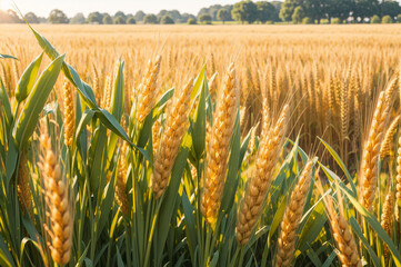 Golden wheat fields, beautiful sunset scenery rural scenery under sunlight The background of the ripe wheat field bountiful harvest.