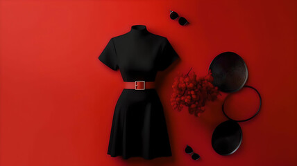 Set of stylish clothes and accessories for woman on Red background, Generative AI