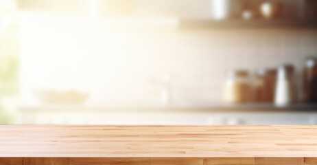 Beautiful empty brown wooden table top and blurred defocused modern kitchen interior background with daylight flare, product montage display,banner,generative ai