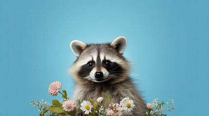 Wall Mural - Raccoon holding flowers, cute animal on the pastel blue background