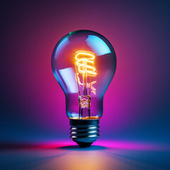 A bright light bulb floating on a coloured background. Incandescent and glowing light bulb. 