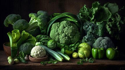 Wall Mural - display of fresh green vegetables on a wooden table