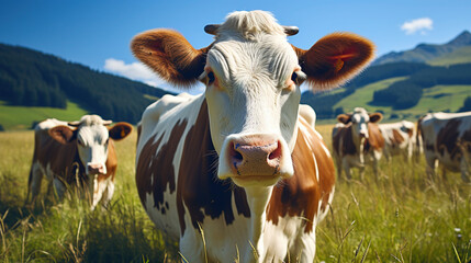 Farm Cows Grazing in a Summer meadow Blue Sky and White Clouds Background AI Generative