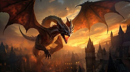 Wall Mural - A mighty dragon soars through the sky above a bustling city