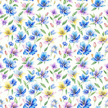 Seamless Pattern With Flowers. Blue Lilies On A Beige Background. Generative AI
