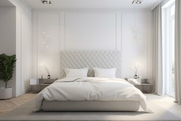 Sleek white bedroom with luxurious modern decor. Generative AI