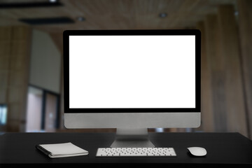 Workspace with desktop computer, office supplies, houseplant and coffee cup at office. desk work concept.