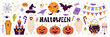 Happy Halloween set of elements, ghost, pumpkin, bat and cat. Vector is cute illustration in hand drawn style