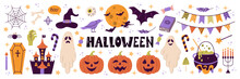 Happy Halloween Set Of Elements, Ghost, Pumpkin, Bat And Cat. Vector Is Cute Illustration In Hand Drawn Style