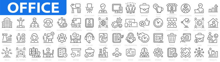 office icon set. work in office icons. briefcase, meeting, employee, desk, computer, schedule, co-wo