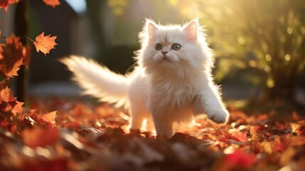 Wall Mural - Fluffy white kitten pounces playfully on fallen leaves. Chasing sunbeams as it explores the garden. Generative AI