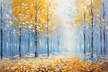 Blue Autumn Landscape In Oil Painting Style With Textured Trees And Park On Canvas, Modern Abstract Art Of Forest And Sky. Generative AI