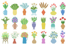 Set Of Flowers In Vases. Flat Vector Illustrations Of House Plants, Flowers, Leaves In A Vases. Flower Bouquets In Vase Set. Blooming Floral Plants, Bunches, In Glass And Ceramic Pitchers. 