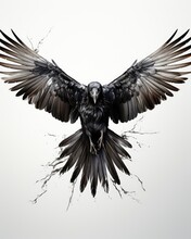 An Illustrated Crow Flaps Wings Against White Background; Depicts Wildlife. (Illustration, Generative AI)