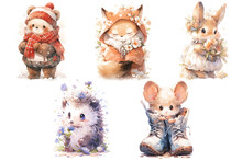 Set Of Cute Baby Woodland Animals A Mouse In A Boot, A Bear With A Red Scarf, A Fox, A Hedgehog And A Hare Illustration Isolated Drawings By Hand. Perfect For Nursery Poster.