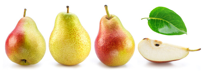 Wall Mural - Set of ripe pears and pear leaf isolated on white background.