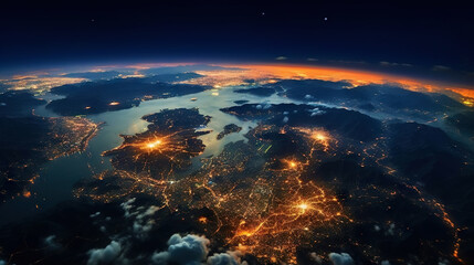 Wall Mural - panoramic view on planet earth globe from space. glowing city lights, light clouds. generative ai