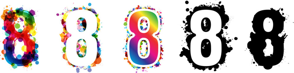 Wall Mural - 8 numbers with rainbow and black paint splash decorative elements. colorful 8 number emblems collect